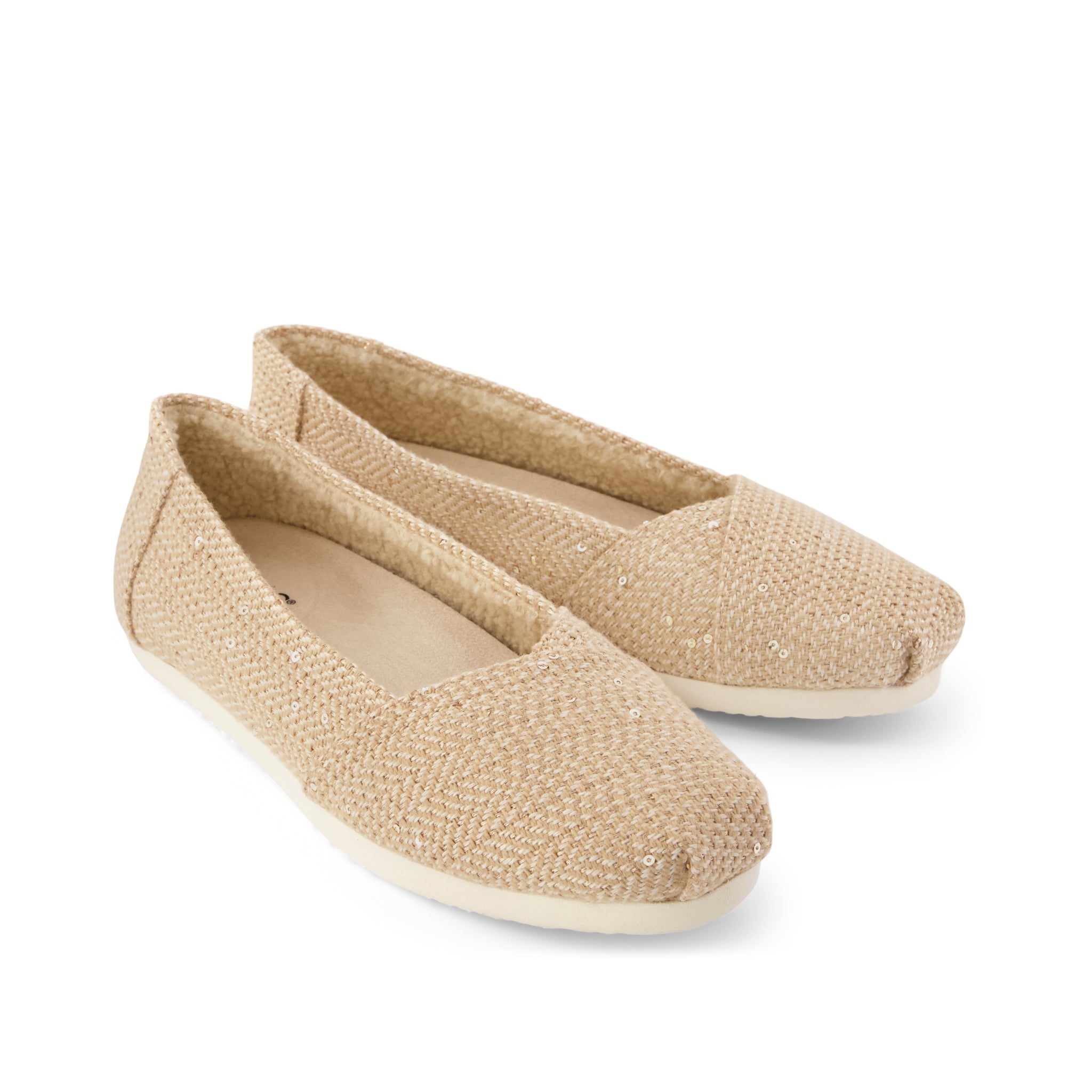 Womens Alpargata Ballet Flat Oatmeal Sequin Herringbone w/ Faux Shearling - Image 3
